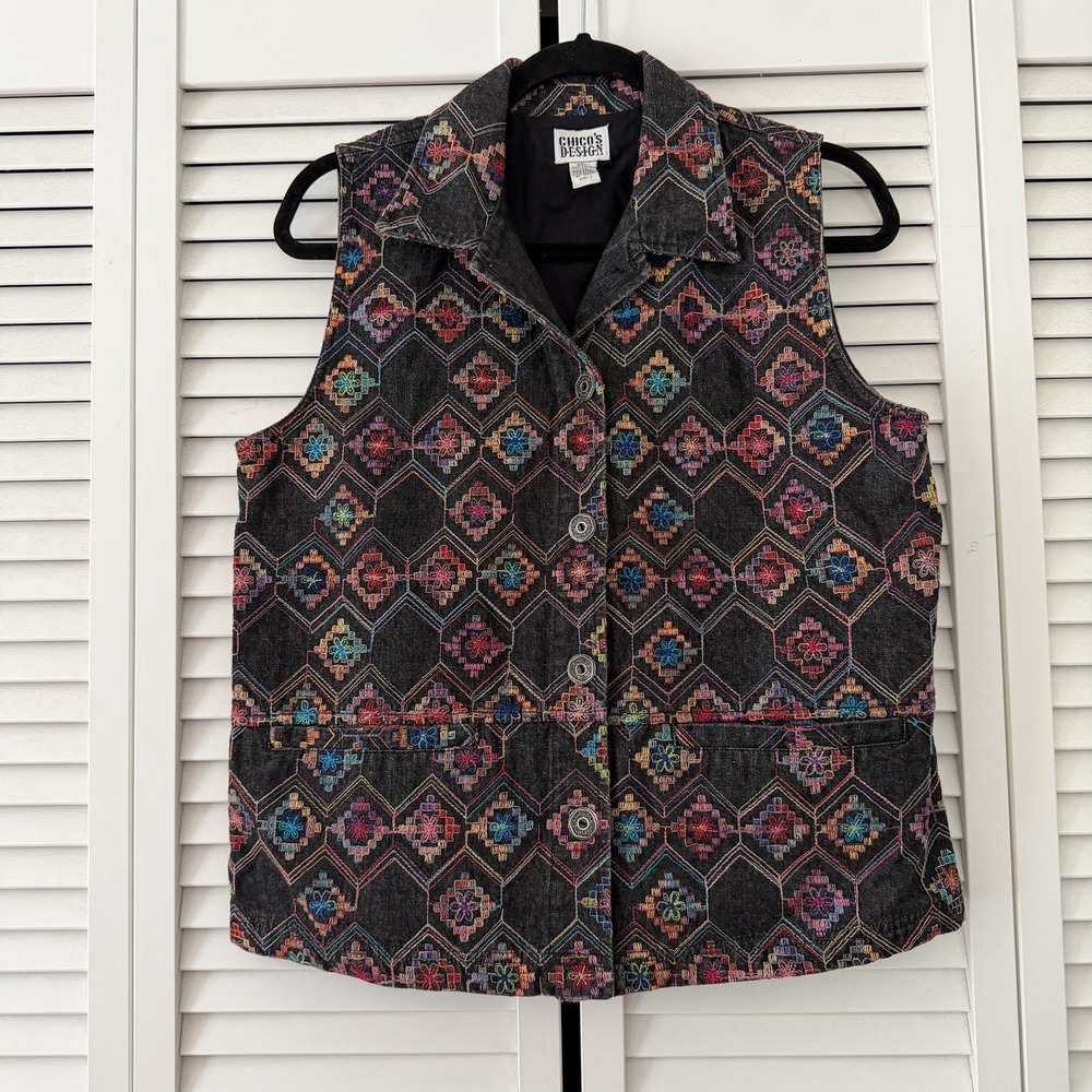 Vintage Chico's Woman's Black Denim Geometric Button Vest Regular Size 0 Cotton